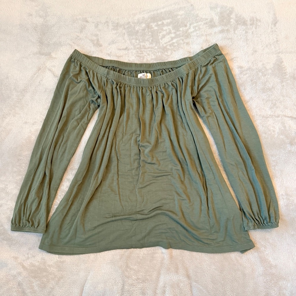 Hollister Olive Green Off The Shoulder Long Sleeve Boho Knit Top Large
